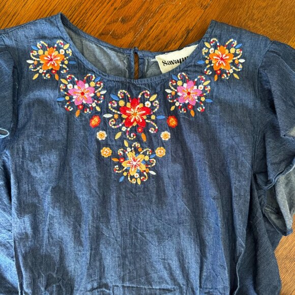 Savanna Jane Top L Embroidered Denim Tunic Tie Back Flutter Sleeve - Picture 3 of 7